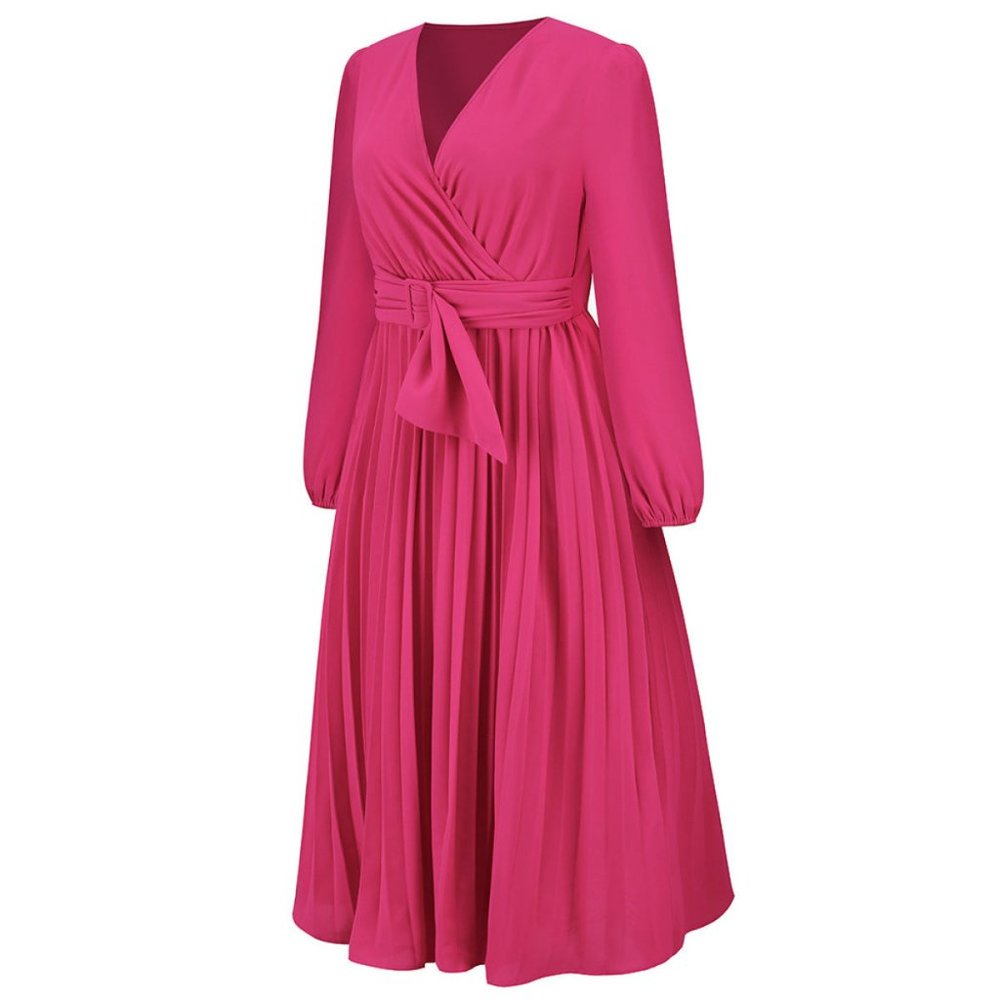 Rose Red V Neck Long Sleeve Tie Waist A-Line Midi Dress - Picture 5 of 8